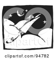 Royalty Free RF Clipart Illustration Of A Black And White Wood Carving Styled Super Woman Flying In A Starry Night Sky