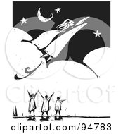 Poster, Art Print Of Black And White Wood Carving Styled People Watching A Super Woman Fly Through A Night Sky