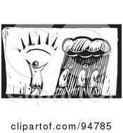 Royalty Free RF Clipart Illustration Of A Black And White Wood Carving Styled Of God Casting Spring Showers Down On Walking People by xunantunich