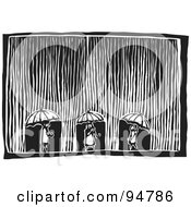 Royalty Free RF Clipart Illustration Of A Black And White Wood Carving Styled Of Three People With Umbrellas Walking In Spring Rain