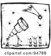 Royalty Free RF Clipart Illustration Of A Black And White Wood Carving Styled Astronomer Using A Telescope To View Comets And Stars by xunantunich