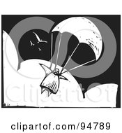 Royalty Free RF Clipart Illustration Of A Black And White Wood Carving Styled Person Parachuting Through The Sky With Birds