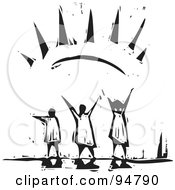 Royalty Free RF Clipart Illustration Of A Black And White Wood Carving Styled People Embracing The Warmth Of The Sun by xunantunich #COLLC94790-0119