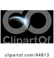 Royalty Free RF Clipart Illustration Of A Flare Of Rising Sunlight Gleaming Up On 3d Planet In The Blackness Of Space by chrisroll