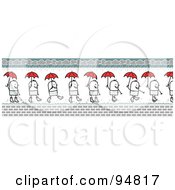 Poster, Art Print Of Stick People Man Border Shown Walking In Rain Puddles With A Red Umbrella