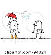 Poster, Art Print Of Stick People Man Holding An Umbrella And Approaching A Wet Man