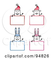 Poster, Art Print Of Stick People Men And Women Wearing Bunny Ears And Santa Hats Over Christmas And Easter Signs