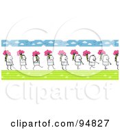 Poster, Art Print Of Border Of A Stick People Man Carrying A Bouquet Of Spring Flowers