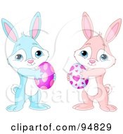 Royalty Free RF Clipart Illustration Of A Digital Collage Of Pink And Blue Easter Bunny Carrying Eggs