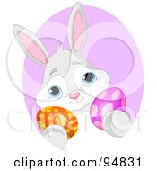 Royalty Free RF Clipart Illustration Of A Gray And White Easter Bunny Holding Two Eggs