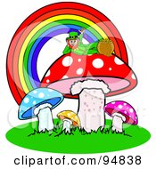 Leprechaun Reclined Atop A Mushroom Under A Rainbow With His Pot Of Gold