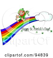 Royalty Free RF Clipart Illustration Of A Happy St Patricks Day Greeting Under A Leprechaun With Clovers Sliding Down A Rainbow by Pams Clipart
