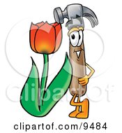 Hammer Mascot Cartoon Character With A Red Tulip Flower In The Spring by Mascot Junction