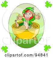 Poster, Art Print Of Happy Short Leprechaun On Top Of A Pot Of Gold With Clover Corners