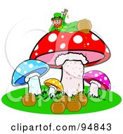 Leprechaun With His Pot Of Gold Reclined On Top Of A Mushroom