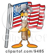 Hammer Mascot Cartoon Character Pledging Allegiance To An American Flag by Mascot Junction