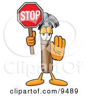 Hammer Mascot Cartoon Character Holding A Stop Sign