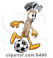 Hammer Mascot Cartoon Character Kicking A Soccer Ball
