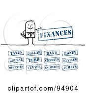 Royalty Free RF Clipart Illustration Of A Digital Collage Of A Stick People Businessman With Financial Stamps by NL shop
