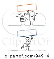 Poster, Art Print Of Digital Collage Of Blank Red And Green Text Boxes With A Stick People Man And Couple