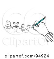 Poster, Art Print Of Hand Drawing A Family Of Stick People With A Pencil