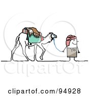 Poster, Art Print Of Stick People Man Walking With A Camel In The Desert