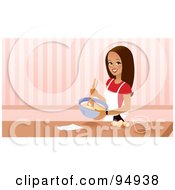 Poster, Art Print Of Pretty Brunette Woman Mixing Cake Mix In A Bowl