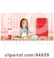 Poster, Art Print Of Brunette Woman Smiling While Baking Cookies In A Kitchen