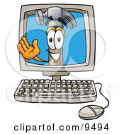 Clipart Picture Of A Hammer Mascot Cartoon Character Waving From Inside A Computer Screen
