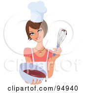 Poster, Art Print Of Pretty Brunette White Woman Holding Up A Whisk And A Bowl Of Cake Mix