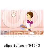 Poster, Art Print Of Brunette Woman Smiling While Mixing Ingredients In A Bowl