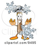 Poster, Art Print Of Hammer Mascot Cartoon Character With Three Snowflakes In Winter