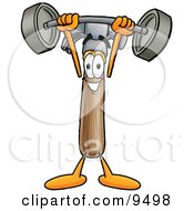 Clipart Picture Of A Hammer Mascot Cartoon Character Holding A Heavy Barbell Above His Head by Toons4Biz