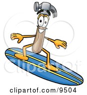 Poster, Art Print Of Hammer Mascot Cartoon Character Surfing On A Blue And Yellow Surfboard