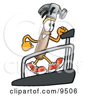Clipart Picture Of A Hammer Mascot Cartoon Character Walking On A Treadmill In A Fitness Gym by Toons4Biz