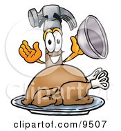 Poster, Art Print Of Hammer Mascot Cartoon Character Serving A Thanksgiving Turkey On A Platter