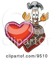 Hammer Mascot Cartoon Character With An Open Box Of Valentines Day Chocolate Candies