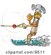 Hammer Mascot Cartoon Character Waving While Water Skiing