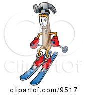 Clipart Picture Of A Hammer Mascot Cartoon Character Skiing Downhill by Toons4Biz
