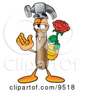 Hammer Mascot Cartoon Character Holding A Red Rose On Valentines Day
