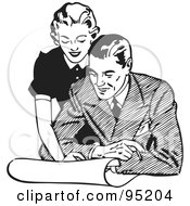 Poster, Art Print Of Black And White Retro Woman Leaning Over A Man And Discussing Plans