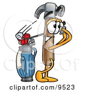 Clipart Picture Of A Hammer Mascot Cartoon Character Swinging His Golf Club While Golfing by Toons4Biz