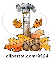 Poster, Art Print Of Hammer Mascot Cartoon Character With Autumn Leaves And Acorns In The Fall