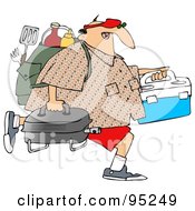 Middle Aged Caucasian Man Carrying A Portable Bbq And Picnic Gear