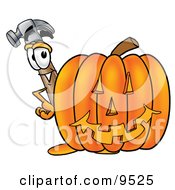 Poster, Art Print Of Hammer Mascot Cartoon Character With A Carved Halloween Pumpkin