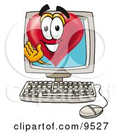 Love Heart Mascot Cartoon Character Waving From Inside A Computer Screen