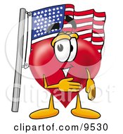 Love Heart Mascot Cartoon Character Pledging Allegiance To An American Flag