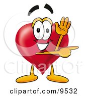 Love Heart Mascot Cartoon Character Waving Hello While Pointing To The Side