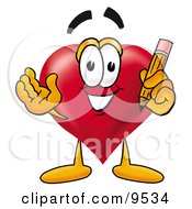 Love Heart Mascot Cartoon Character Holding A Pencil