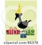 Royalty Free RF Clipart Illustration Of A Black Over The Hill Crow Wearing A Party Hat And Standing By Presents